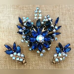 Judy Lee Vintage Blue Rhinestone Brooch and Earring Set